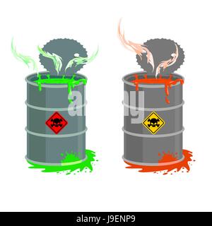 Lauf von Giftmüll. Biohazard Container öffnen. Grau mit roten Fass radioaktiver Flüssigkeit. Grüne Säure entstanden. Vektor-illustration Stock Vektor