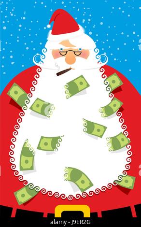 Rich Santa Claus. Viele Geld in seinem Bart. Santa brachte uns Dollar als Geschenk für gute Menschen. Erwachsene Geschenke für Weihnachten und Neujahr. Großvaters Stock Vektor