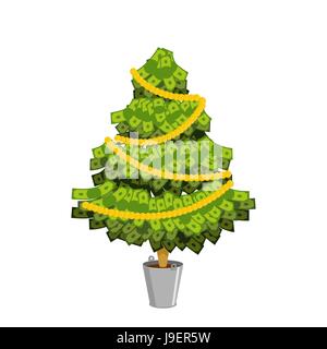 Geldbaum. Weihnachtsbaum aus Dollar. Blätter von Banknoten. Baum von Bargeld. Finanzielle Baum mit Dekoration von Münzen. Stock Vektor