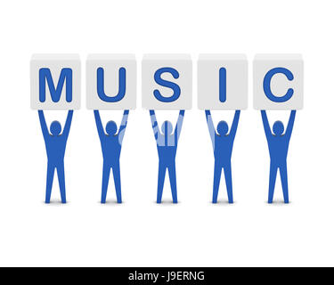 Männer halten die Wort Musik. 3D Illustration Konzept. Stockfoto