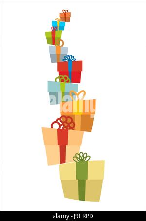 Haufen von Geschenken. Stapel von Geschenk-Boxen. Turm von Geschenken mit Bögen. Viele Urlaubs-Boxen. Stock Vektor