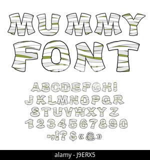 Mumie Schriftart. Alphabet in Bandagen. Monster-Zombie Buchstaben des lateinischen Alphabets. Einbalsamierung Buchstaben gelernt. Alte ägyptische Art Buchstaben, Zahlen und Wortspiel Stock Vektor