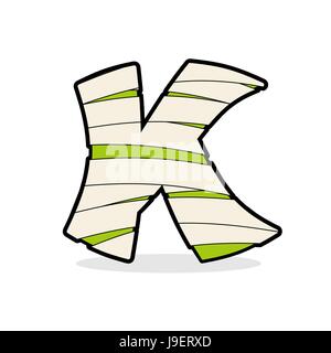 Buchstabe K Monster Zombie. Mumie-ABC-Symbol. Alphabetischer Symbol medizinische Bandagen.  Ägyptische Vorlagenelemente ABC-Konzept. Stock Vektor