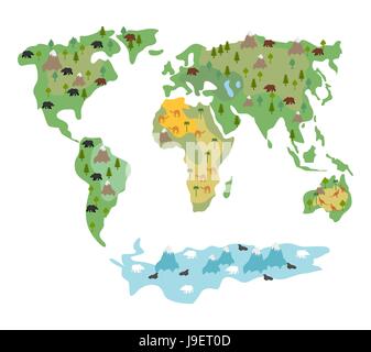 Karte von Welt mit Tieren und Bäumen. Landkarte Globus mit Flora und Fauna. Bedingte Cartoon Kinder Karte mit Bären und Kängurus. Weltkarte Stock Vektor