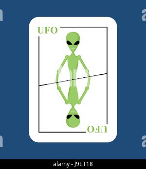 Spielkarte UFO. Konzeptionell neue Karte Alien. Grünfläche Eindringling mit großen Augen. Greift in den Weltraum im Spiel alle Zeichen. Stock Vektor