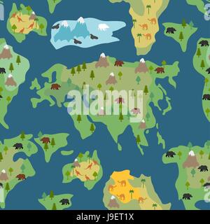 Kontinenten Musterdesign. Weltkarte ist endlos Ornament. Geographischer Atlas mit Flora und Fauna Hintergrund. Detailkarte mit Tieren und Bäumen. Stock Vektor