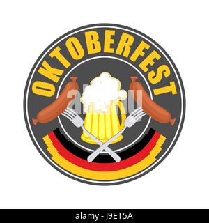 Oktoberfest-Logo - traditionelle Bierfest in Deutschland. Becher Bier und Wurst mit Gabel im Kreis. Vektor-Illustration für einen Urlaub Stock Vektor