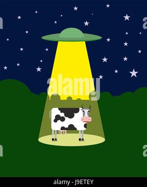 UFO entführt eine Kuh. Außerirdischen und Vieh. Fliegende Untertasse Strahl holt Tiere vom Bauernhof. Vektor-illustration Stock Vektor