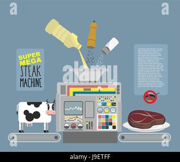Super Mega Steak Maschine. Automatische Linie für die Produktion von Rindfleisch Fleisch Produkte. Ohne in einer Pfanne braten. Zutaten: Kuh, Butter, Salz und Pfeffer. In Stock Vektor