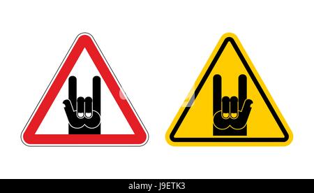 Warnschild Achtung Rockmusik. Rock-gelbe Hand-Label. Rock und Roll rotes Dreieck. Satz von Verkehrszeichen Stock Vektor