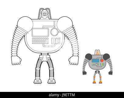 Cyborg Krieger Malbuch. Mensch-Maschine aus dem Weltraum. Mechanische bionische Roboter zukünftige Soldaten mit Menschenkopf. Stock Vektor