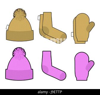 Kleidung für kaltes Wetter eingestellt. Gestrickte Kleidung Winter-Accessoire. Mütze und Socken, Handschuhe. Warme Kleidung. Stock Vektor