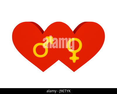 Zwei Herzen. Symbole des männlichen und weiblichen Ausschnitt im Inneren. 3D Illustration Konzept. Stockfoto