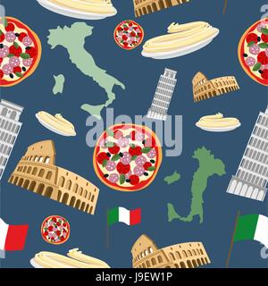 Italienische Musterdesign. Vektor-Hintergrund der Symbole von Italien: Pizza und Pasta, Kolosseum und schiefe Turm von Pisa. Karte und Land Flagge. Stock Vektor