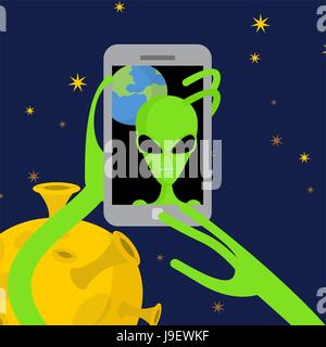 Alien macht Selfie im Raum. Außerirdischer nimmt Bilder von sich selbst am Telefon vor dem Hintergrund des Planeten Erde. Vektor-Illustration. Stock Vektor