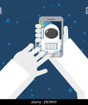Astronaut macht Selfei im Raum. Astronauten fotografiert mich am Telefon vor dem Hintergrund des Planeten Erde. Vektor-Illustration. Stock Vektor