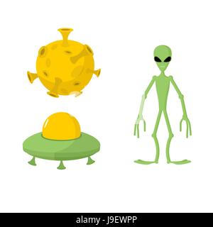 Set grün Alien und UFO, Mond. Vektor-Illustration. Stock Vektor