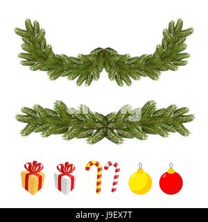 Traditionellen Christmas set für Dekoration und Festschmuck. Tannenzweigen und Weihnachtskugeln. Boxen mit Geschenken und Minze Bonbons. Stock Vektor