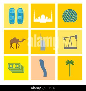 Vereinigte Arabische Emirate Symbol Symbole festgelegt. Kamele und Ölpumpen. Palmen und Wolkenkratzern. Vektor-flachen Design. Stock Vektor