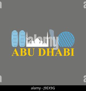 Abu Dhabi Sign. Anblick VAE. Wolkenkratzer und eine Moschee. Vektor flaches Design Stadt Skyline Silhouette. Logo-Sehenswürdigkeiten in Vereinigte Arabische Emirate Stock Vektor