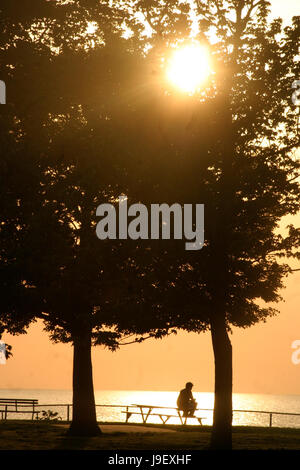 Mann allein auf der Bank am See bei Sonnenuntergang Stockfoto