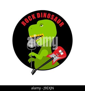 Emblem der Rock-Dinosaurier. Logo für alte Fans der Rockmusik. T-Rex mit Gitarre singt Lied ins Mikrofon. Prähistorische Räuber hält eine musikalische instrume Stock Vektor