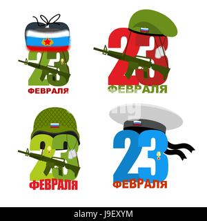 Set-Logo für 23 Februar. Figuren in Soldaten Helme. Green Beret und schützende Soldaten Helm. Automatische Waffen Waffe. Uschanka - Mütze russischen partis Stock Vektor