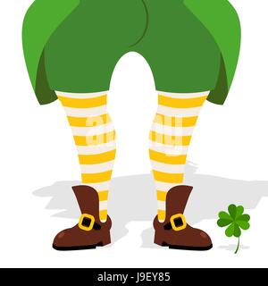 Beine Kobold und Klee. Grünen Gehrock und gestreifte Socken. Alte Schuhe Magic Zwerg. Kobold fand Klee. Illustration für St. Patricks Tag nat Stock Vektor