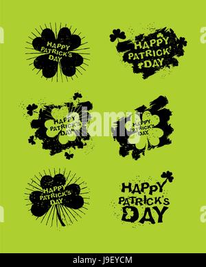 Patricks Freudentag set Embleme. Logos für irische Grunge-Urlaub. Vier Listnyj für lucky Clover. Shamrock. Pinselstrich. St. Patricks Day celebratio Stock Vektor