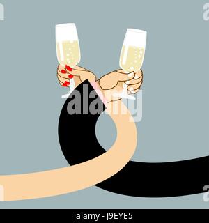 Wein trinken, Mann und Frau. Mens Hand und ein Glas Champagner. Weibliche Hand mit Glas mit weißen Sekt. Bruderschaft trinken. Abbildung Stock Vektor