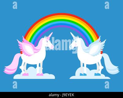 Einhorn und Regenbogen. Zwei niedliche Fantasy-Kreaturen in den Wolken. Fabelhafte Tier mit Horn in der Stirn. Rosa und blaue mythischen Tier. LGBT-symbol Stock Vektor