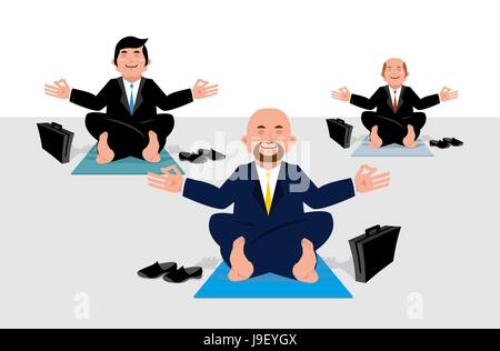 Business-Yoga für corporate Büroangestellte. Geschäftsleute in Lotus sitzen positionieren und meditieren auf Reichtum. Erleuchtende Manager. Yoga-Matte. Büro-yogi Stock Vektor
