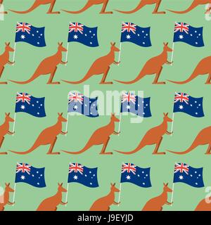 Kängurus und australische Flagge Musterdesign. Hintergrund für Festtag Australien. Textur der Beuteltiere. Australien-Tag nahtlose Ornament. Stock Vektor