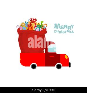 Frohe Weihnachten. Maschine trägt Tasche von Geschenken. Auto und Red Santa Claus zu entlassen. Weihnachten Santas transportieren. LKW und big-Bag von Spielzeug für Kinder. Stock Vektor