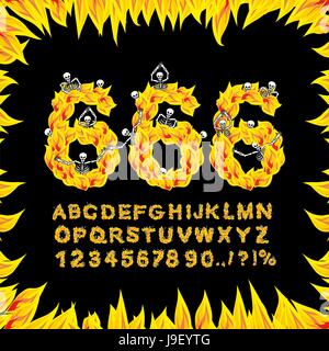 666 Schriftart. Hölle ABC. Feuer Briefe. Sünder in feurigen Hölle. Infernal Alphabet. Kratzen Sie an Flamme für Sünden. Folter-Skelette Stock Vektor