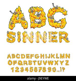 Sünder Schriftart. Briefe aus Flammen. Leichen im Höllenfeuer. Hellfire und Knochen. Schreie der Sünder. höllische ABC. feurige Alphabet Stock Vektor