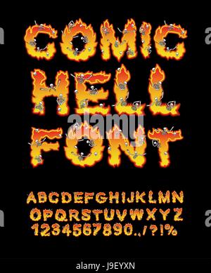 Comic-Hölle-Schriftart. Inferno ABC. Feuer Briefe. Sünder im Höllenfeuer. höllische Alphabet. Kratzen Sie an Flamme für Sünden. Folter-Skelette Stock Vektor