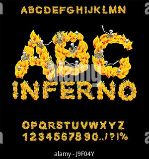 Inferno ABC. Hölle Schriftart. Feuer Briefe. Sünder im Höllenfeuer. höllische Alphabet. Kratzen Sie an Flamme für Sünden. Folter-Skelette Stock Vektor