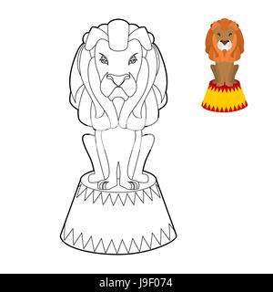 Zirkus Löwen Malbuch. Große schwere Tier in linearen Stil. Grausame Wildtier auf Sockel sitzen. Raubtier mit Shaggy Mähne am Zirkus stand Stock Vektor