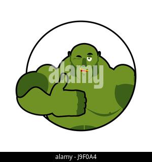 Goblin zeigt gut. Melden Sie sich alles in Ordnung. Daumen nach oben. Hand mit ok. Geste Hände Troll. Fröhliche Oger mit großen Muskeln Stock Vektor