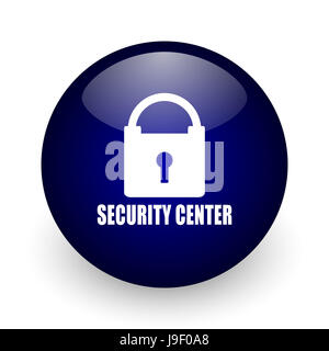 Security Center blau glänzende Kugel Web-Symbol auf weißem Hintergrund. Runde 3D-Render Taste. Stockfoto