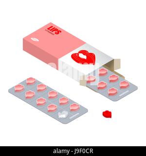 Vitamine-Lippen. Lippe Brustvergrößerung Pillen. Tabletten in der Packung. Natürliche Kosmetikprodukte in Form von küssen. Womens Medizin. Medikamente Stock Vektor