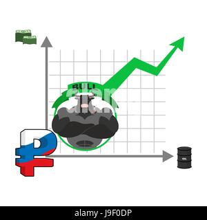 Bull und Graph Wachstum des russischen Rubels. Zitate zu erhöhen Geld in Russland. Infografiken zum Austausch. Öl und Dollar. Händler-Bullen auf Lager Tausch Stock Vektor