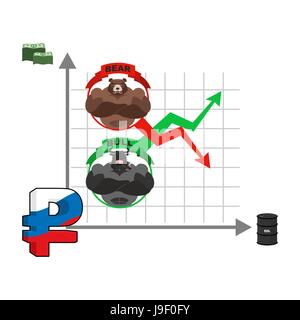 Aufstieg und fall der russische Rubel. Zitate der nationalen Währung zu ändern. Öl und Dollar. Markt-Abhängigkeit vom Öl Reserven. Barrel Öl. Bulle und Bär Stock Vektor