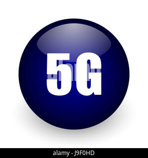 5g blau glänzende Kugel-Web-Symbol auf weißem Hintergrund. Runde 3D-Render Taste. Stockfoto
