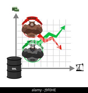 Aufstieg und fall der Ölpreise. Eine Wette auf den Austausch. Bären und Bullen. Roten und grünen Pfeil. Business-Grafik. Zeitplan der Händler an der Börse. Verkauf einer Stock Vektor