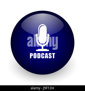 Podcast-blaue glänzende Kugel-Web-Symbol auf weißem Hintergrund. Runde 3D-Render Taste. Stockfoto
