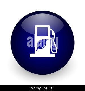 Biokraftstoff-blaue glänzende Kugel-Web-Symbol auf weißem Hintergrund. Runde 3D-Render Taste. Stockfoto