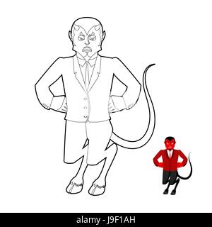 Teufel-Malbuch. Dämon in linearen Stil. Schlaue Satan mit Hörnern. Fürst der Finsternis der Unterwelt. Luzifer-Chef. Religiöse und mythologische Merk Stock Vektor