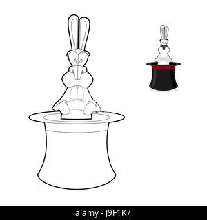 Kaninchen in Zauberhut Malbuch. In linearen Stil konzentrieren. Zubehör Magier. Weißer Hase in Illusionist Kappe. Fokus-Zylinder isoliert auf weißem backg Stock Vektor